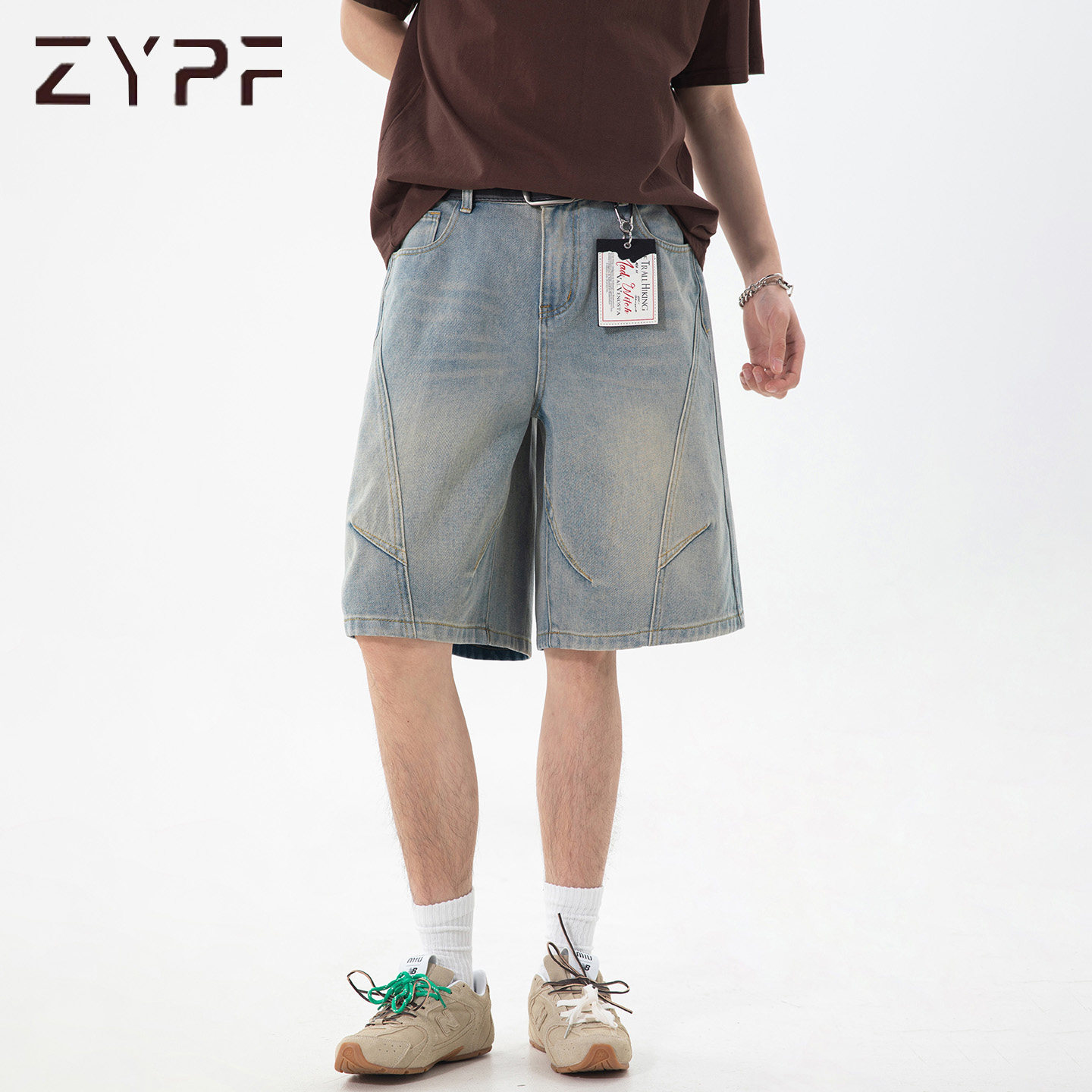 只要平凡美式复古水洗拼接牛仔短裤男女夏季潮牌宽松休闲阔腿裤子