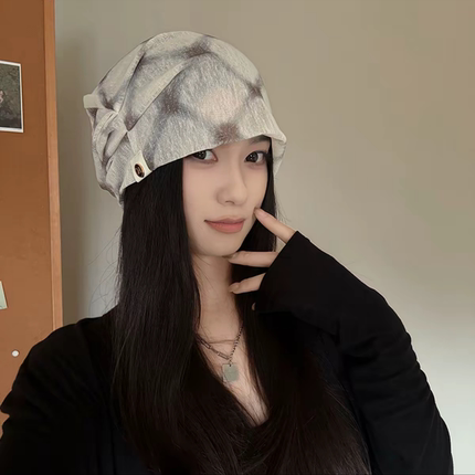 夏季格子堆堆帽女薄款日系透气可折叠包头帽时髦洋气休闲月子帽