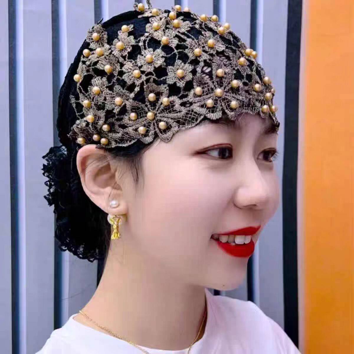 回族女士蕾丝包头帽子女夏季薄款镂空套头帽时尚花朵网纱遮白发帽