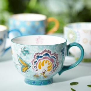 欧美风手绘马克杯咖啡杯容量牛奶杯早餐杯麦片杯带把陶瓷碗杯配勺