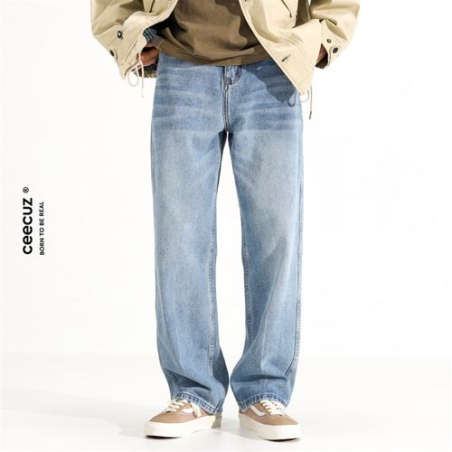 Ceecuz新款复古美式牛仔裤四季款宽松直筒水洗垂坠感阔腿长裤男