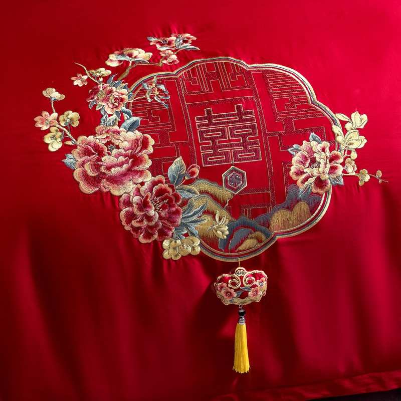 九喜狐婚庆家纺四件套全棉喜庆结婚床上用品纯棉大红床单被套新婚