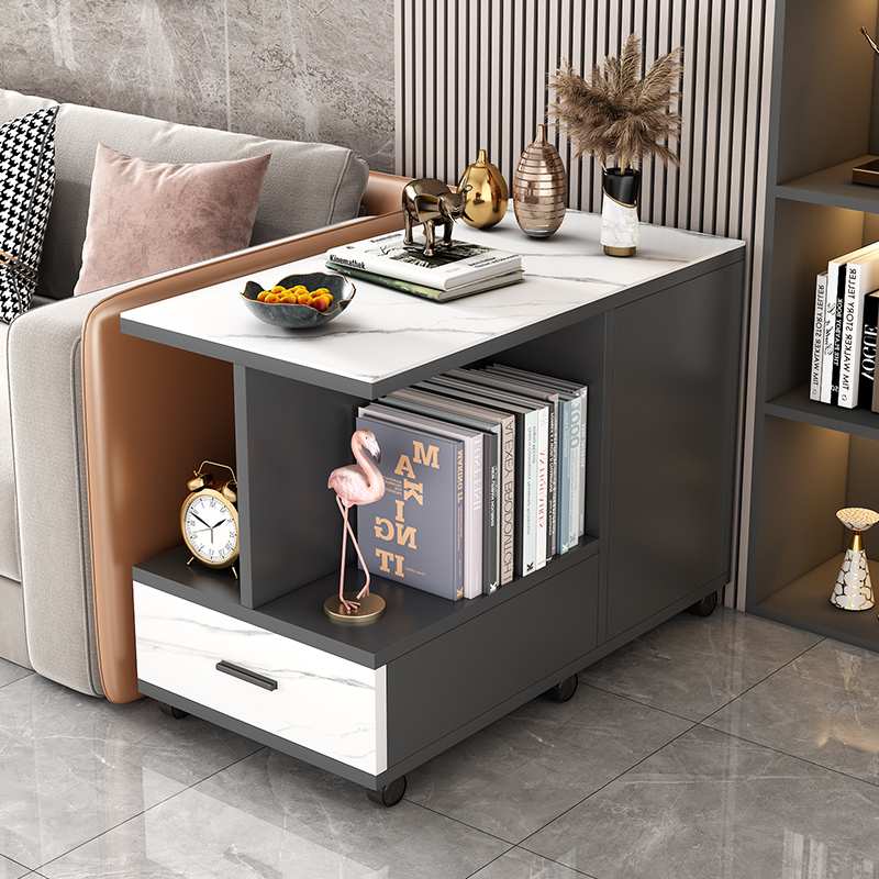 轻奢岩板沙发边几简约客厅沙发边柜移动茶几带轮小茶桌角几储物柜