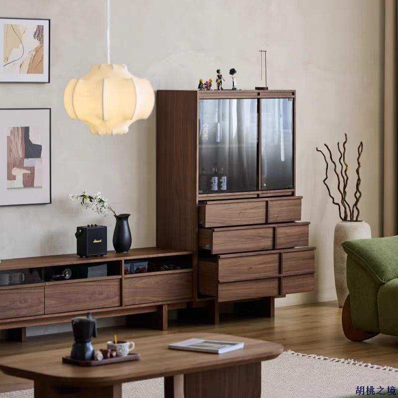 中古风高斗柜黑胡桃木玻璃储物柜客厅酒柜展示柜卧室一体靠墙立柜