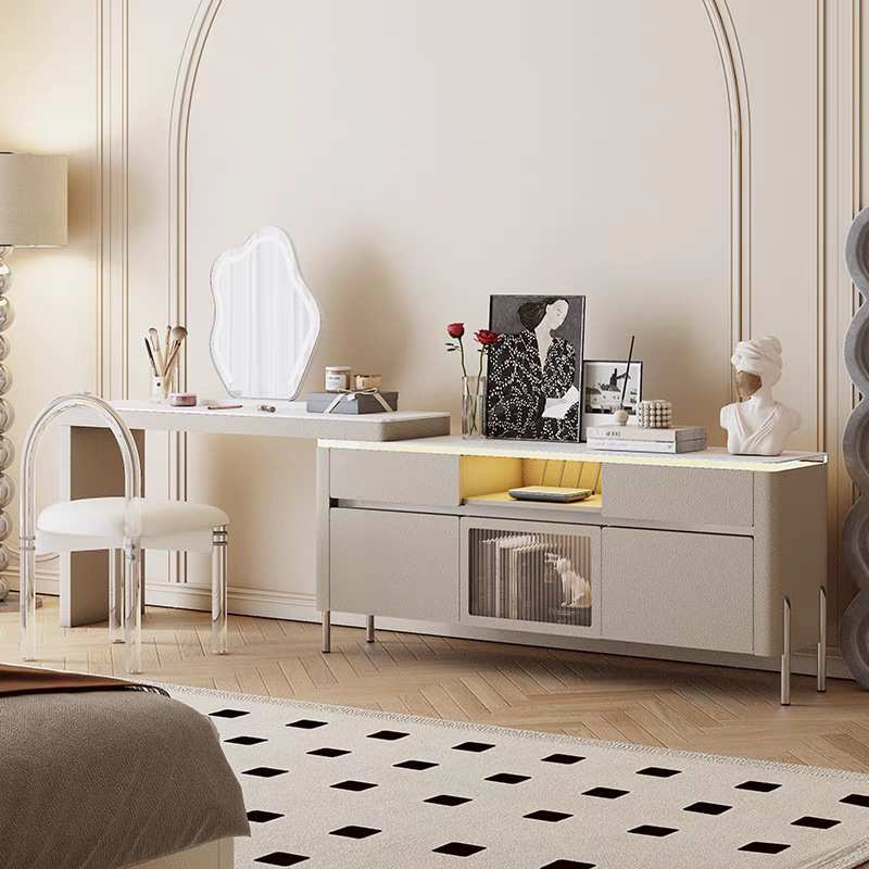 奶油风岩板化妆桌实木书桌卧室电视柜梳妆台组合一体现代简约主卧
