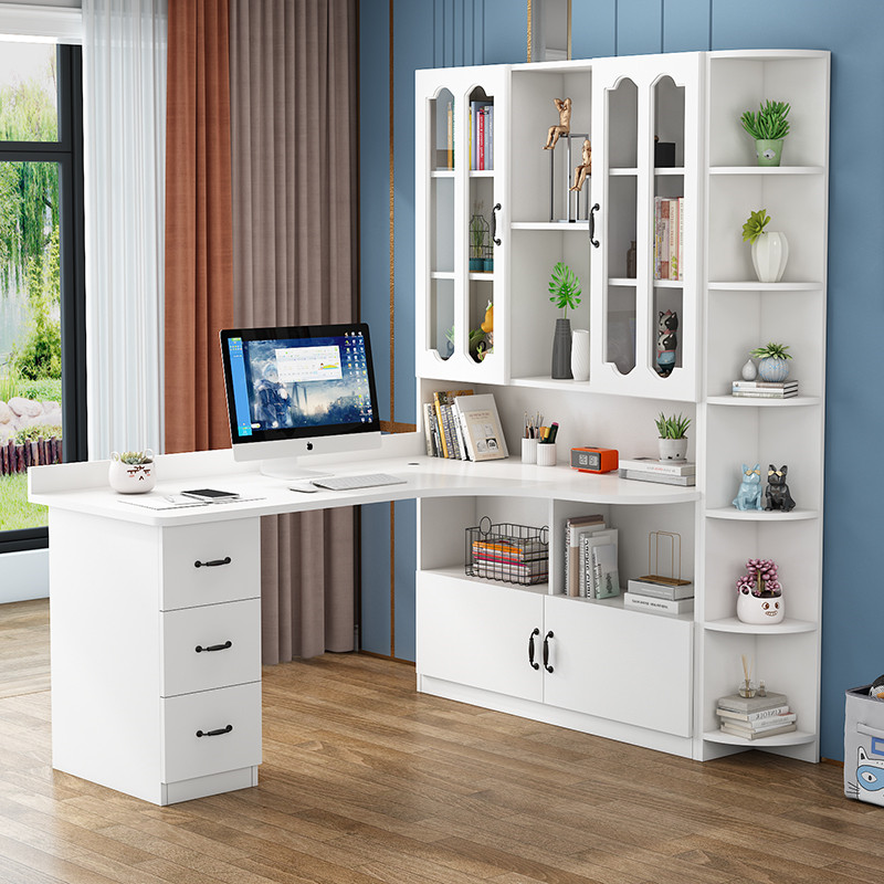 实木转角电脑桌书桌书架组合书柜一体桌家用学生写字桌儿童学习桌