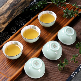 中式 青瓷手绘功夫茶具套装 整套茶具客厅家用陶瓷釉下盖碗茶壶茶杯