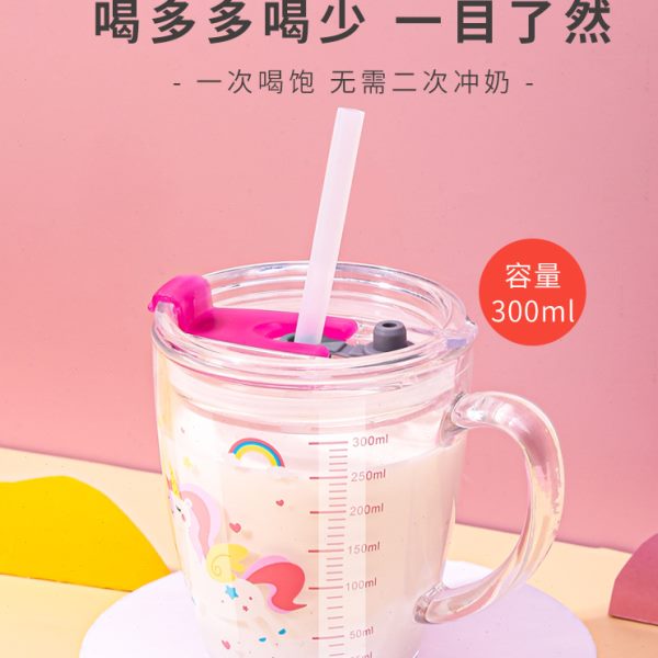 钢化加厚玻璃杯家用儿童水杯子女耐高温刻度牛奶杯防烫带把茶杯盖