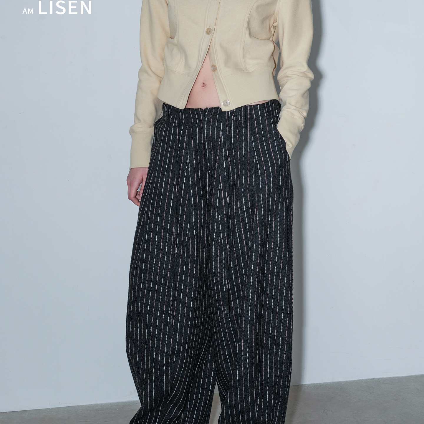 离森智性条纹美学宽松松弛感户外通勤羊毛百搭灰条休闲裤