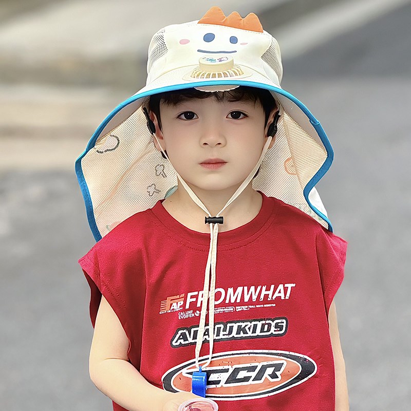 带电风扇的凉帽子儿童夏季防晒遮阳太阳2024新款大帽檐男孩遮脖子