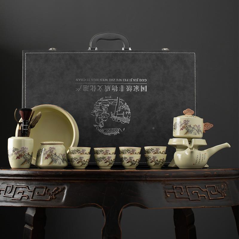 【折扣价】米黄汝窑江山暮雪动茶具套自装整懒茶人泡神器可养开片