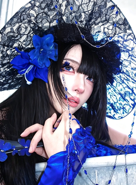 蓝色镂空蕾丝手套女薄款cosplay