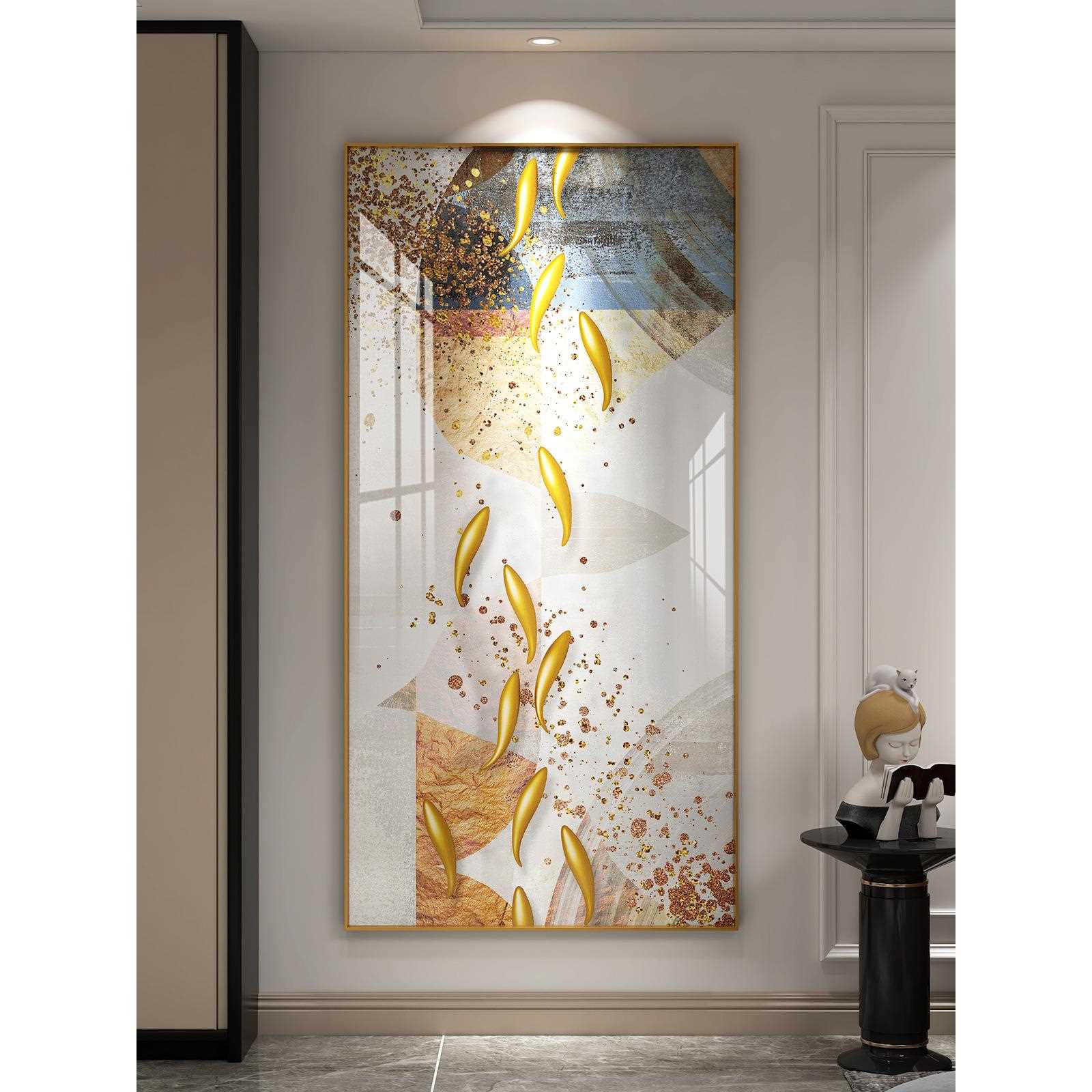 新中式玄关竖版晶瓷装饰画餐厅背景墙挂画走廊过道平面画书房隔断图片