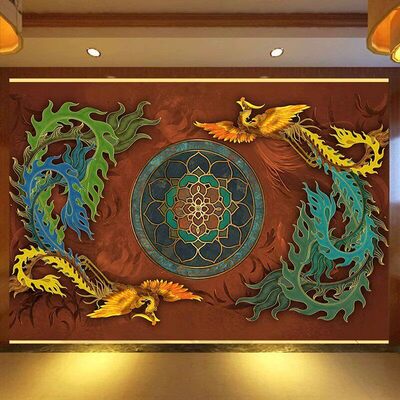 敦煌飞天凤凰中式复古壁画墙纸