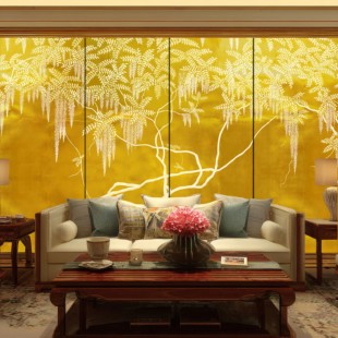 新中式金箔国风客厅硬包壁布宋氏美学餐厅手绘墙布装修背景墙壁纸