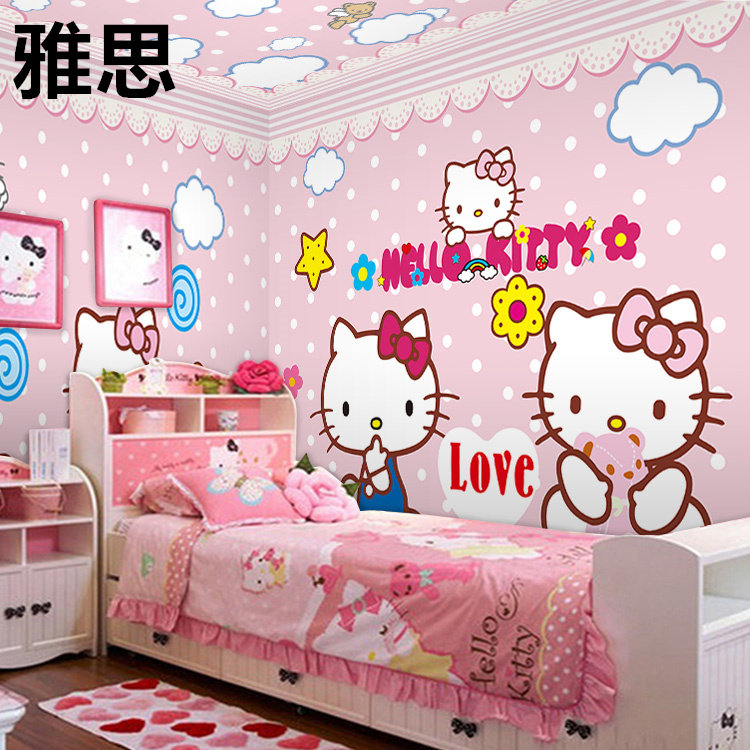 儿童房hellokitty猫墙纸壁画环保卡通女孩房粉色公主房间壁纸定制