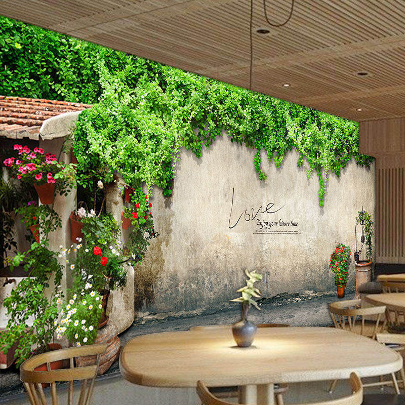2026新款音乐餐吧绿植壁纸花园藤蔓植物装修墙面装饰花店背景墙纸