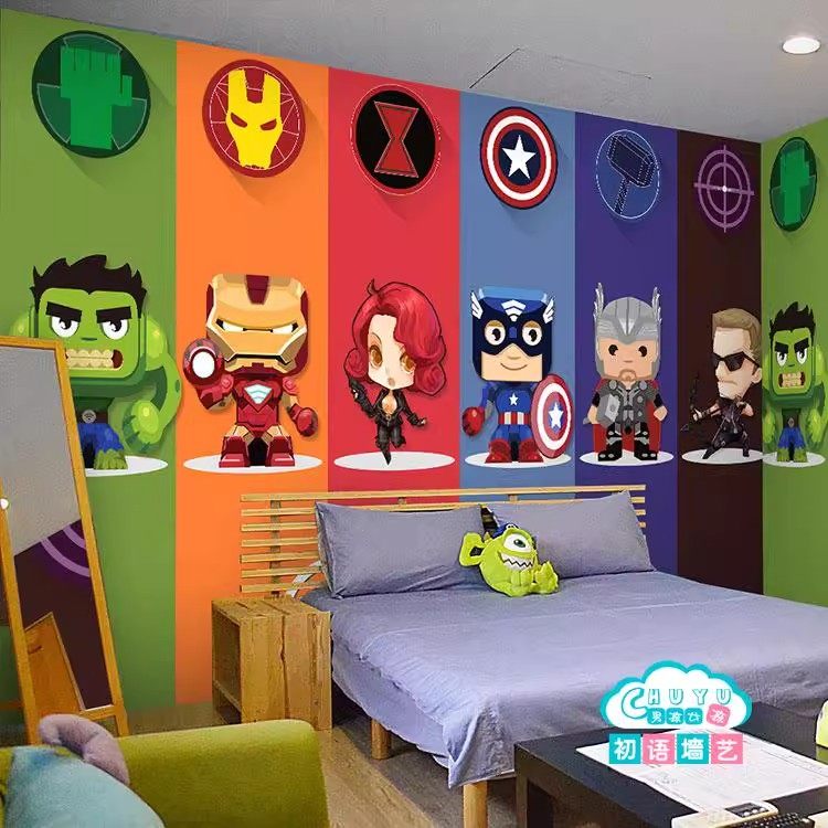 蜘蛛侠卡通背景墙布壁画男孩儿童房卧室床头墙纸KTV可爱超人壁纸