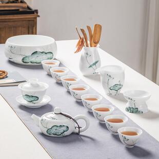 手绘功夫茶具套装家用办公室陶瓷茶壶盖碗茶杯荷花小清新礼盒送人