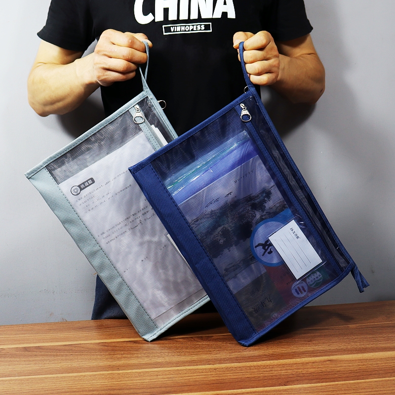 学生文件袋双层拉炼科目袋网纱袋透明A4试卷包手提学科分类装书袋