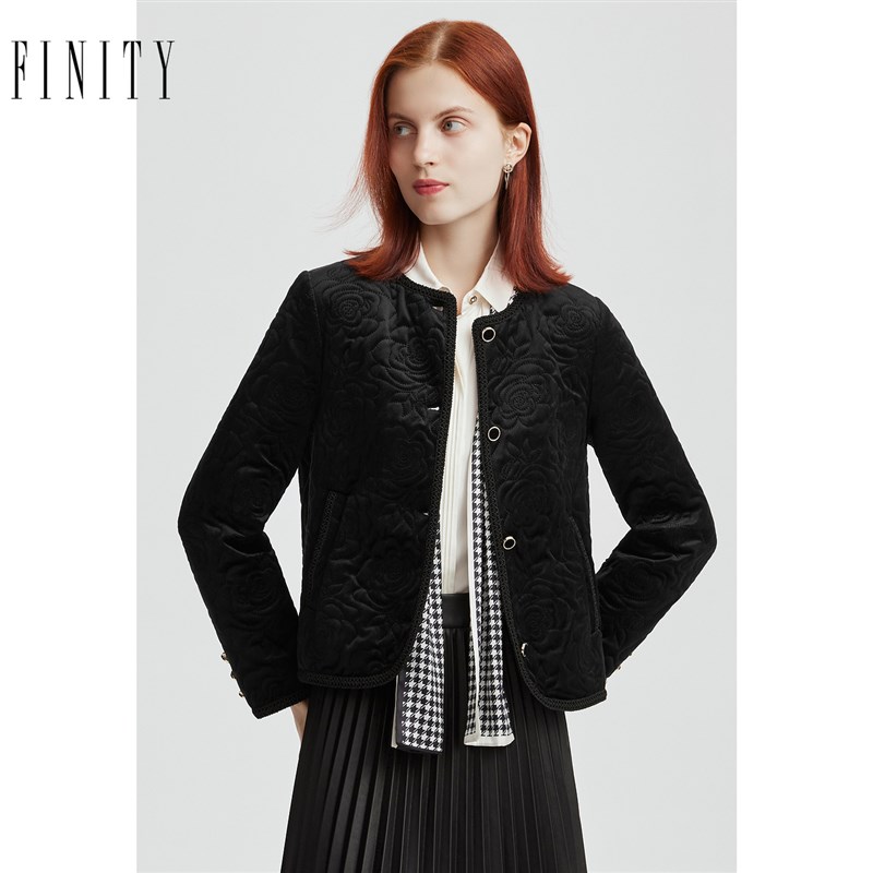 菲妮迪棉衣棉服2024秋冬新款简约气质黑色显瘦Q减龄圆领保暖外套