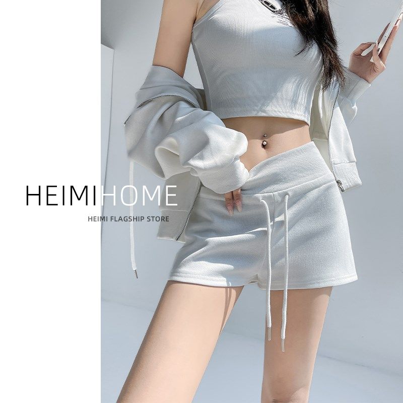 白色运动短裤女夏季高腰抽绳小个子直筒阔腿卫裤宽松休闲a字热裤