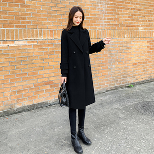 高端毛呢子外套女秋季 赫本风黑色双面羊绒大衣女中长版 2023年新款