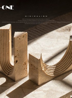 高级感黄c洞石抽象几何艺术品摆件侘寂原木风开放柜软装设计摆件