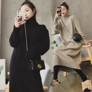 冬装加厚毛衣长裙高领针织连衣裙C加绒中长款过膝宽松直筒厚打底