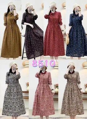 19984复古收腰系带衬衫领棉麻长袖连衣裙宽松显瘦长裙百搭碎花裙