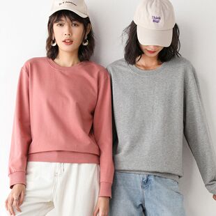 纯棉情侣卫衣女春秋2020新款女装宽松白色圆领毛衣纯色打底上衣潮