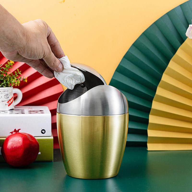 轻奢带盖桌面垃圾桶不锈钢金属纸篓卧室梳妆台迷你小号时尚收纳桶