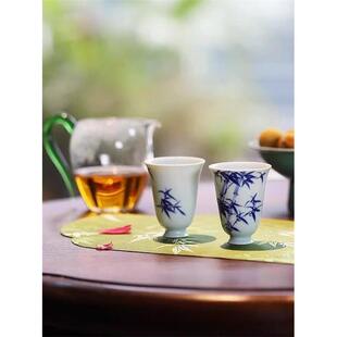 大鱼美人青花竹花神杯景德镇高温陶瓷釉下手绘功夫茶杯