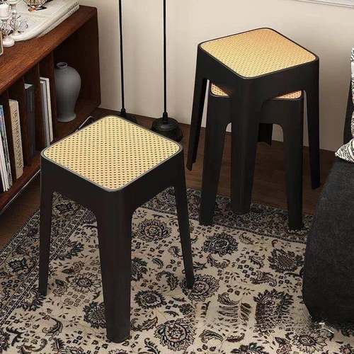 中古风藤编塑料凳子结实耐用方凳餐厅加厚凳子家用可叠放备用椅子