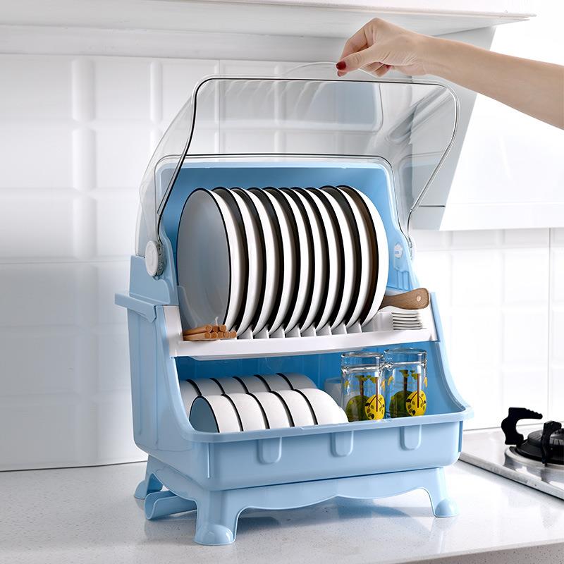 厨房碗筷收纳盒碗碟沥水架塑料双层碗柜放带盖置物架碗架沥水篮