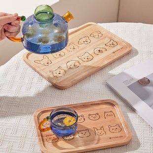 小日式 可爱卡通木质托盘小猫早餐盘家用收纳盘好看 长方餐盘