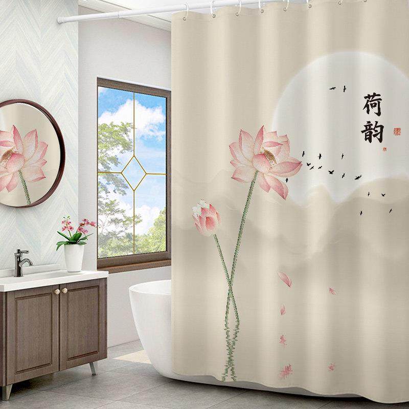 新中式荷花浴帘卫生间防水布加厚防霉浴室洗澡隔断挂帘窗帘免打孔,家庭/个人清洁工具,浴帘,淘宝优惠券,粉丝福利购,淘宝优惠卷