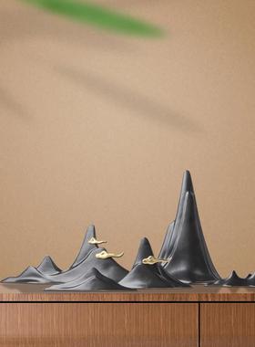 简约现代新中式陶瓷假山摆件样板间销售中心书房玄关家居软装饰品