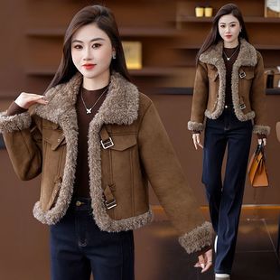 2025新款美拉德复古棕色韩系外套女秋冬加厚短款拼接毛毛上衣棉服