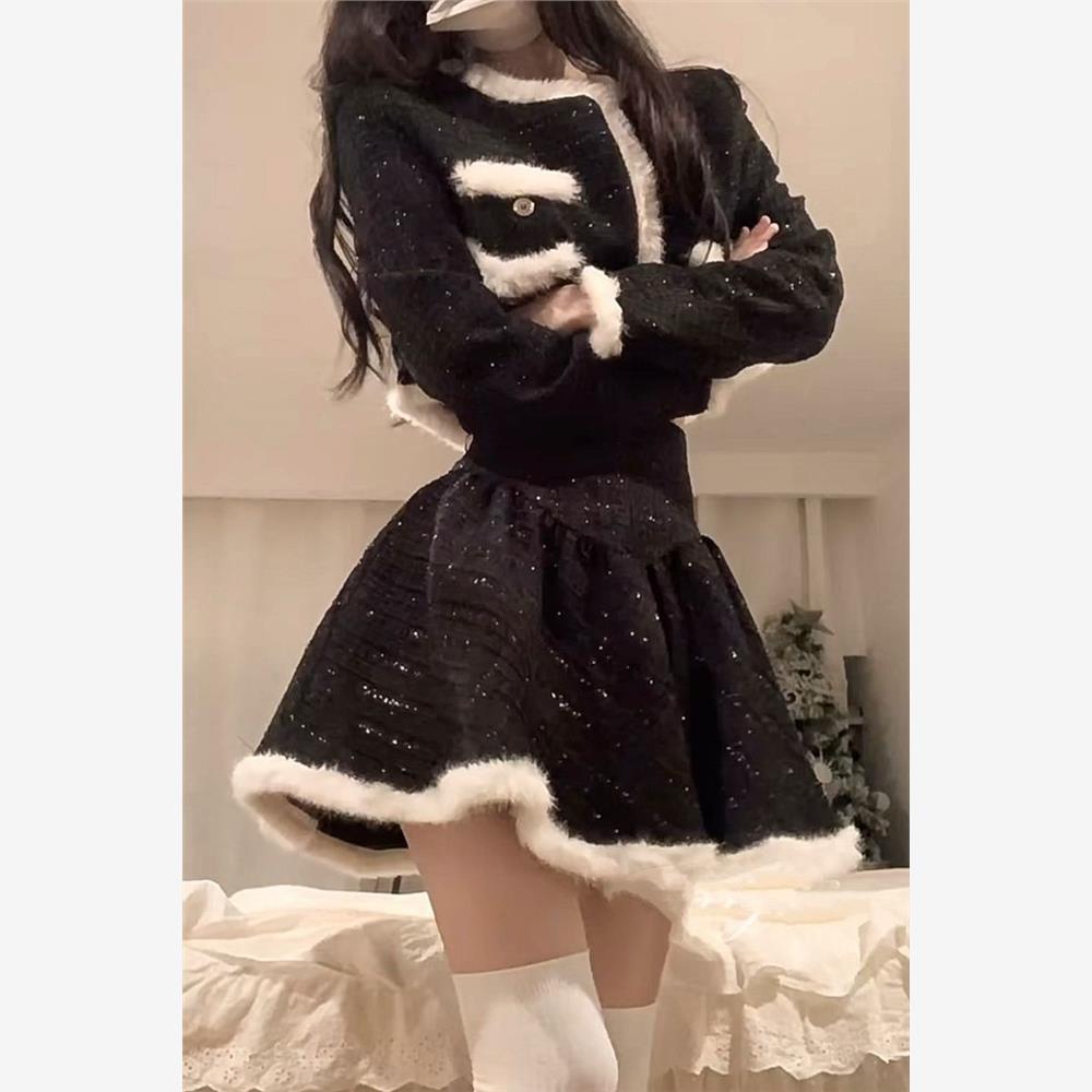 赫本风法式毛绒拼接小香