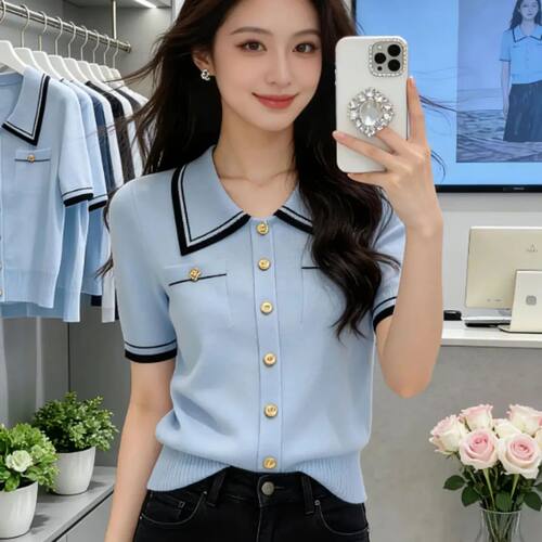 蓝色POLO领短袖T恤女夏季