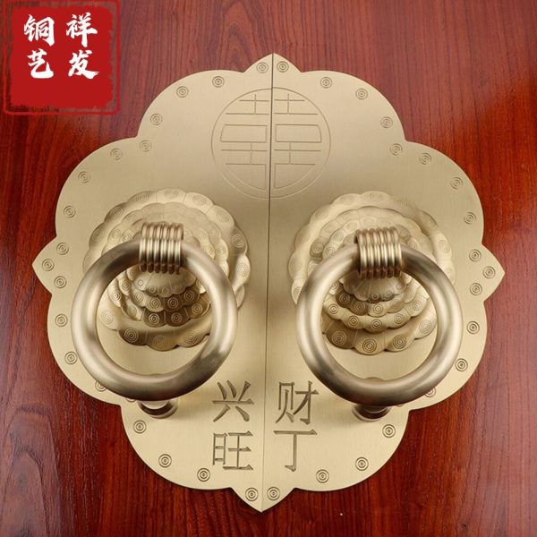中式仿古实木大门纯铜大拉手加厚精雕底板财丁兴旺铜拉环