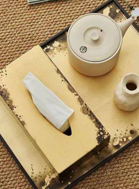 越南进口新中式黑色金箔漆面长方形托 托盘纸巾盒摆件样板间茶几