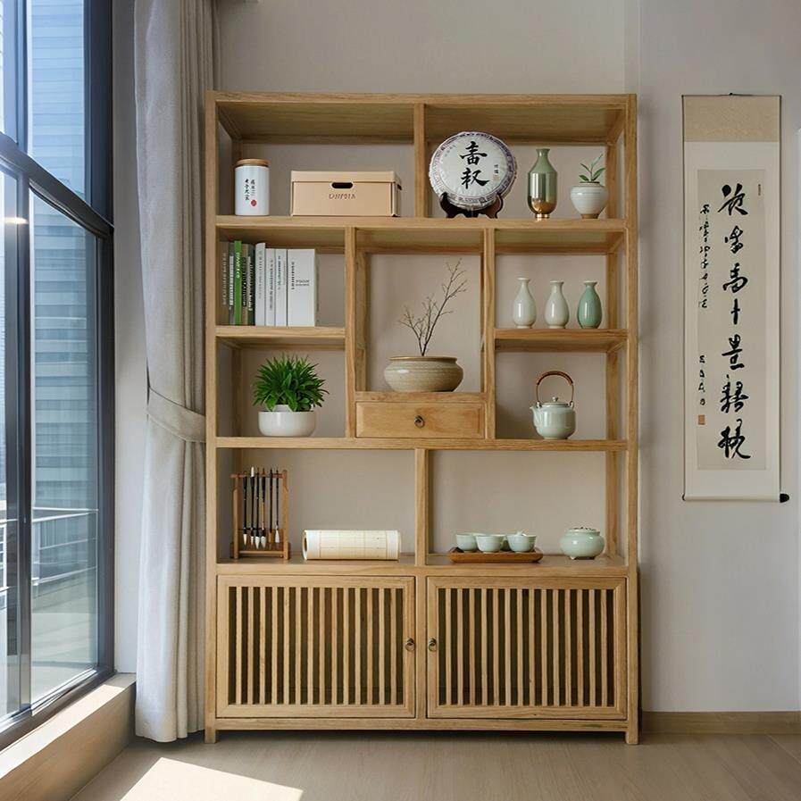 新中式博古架纯实木简约原木色多宝阁展示柜茶叶隔断架子书架酒柜