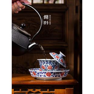 景德镇青花瓷陶瓷功夫茶盖碗茶杯泡茶三才茶具三件套青花悬停茶碗