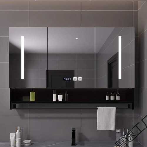 智能浴室镜柜单独挂墙式带灯除雾卫生间梳妆镜子简约实木带置物架