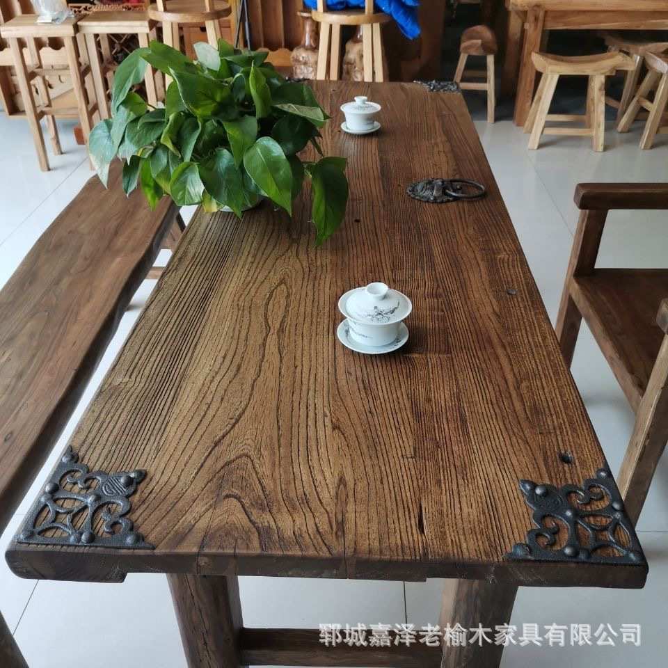 老榆木门板桌复古怀旧吧台旧木板原木桌子民宿酒店风化板茶桌茶台