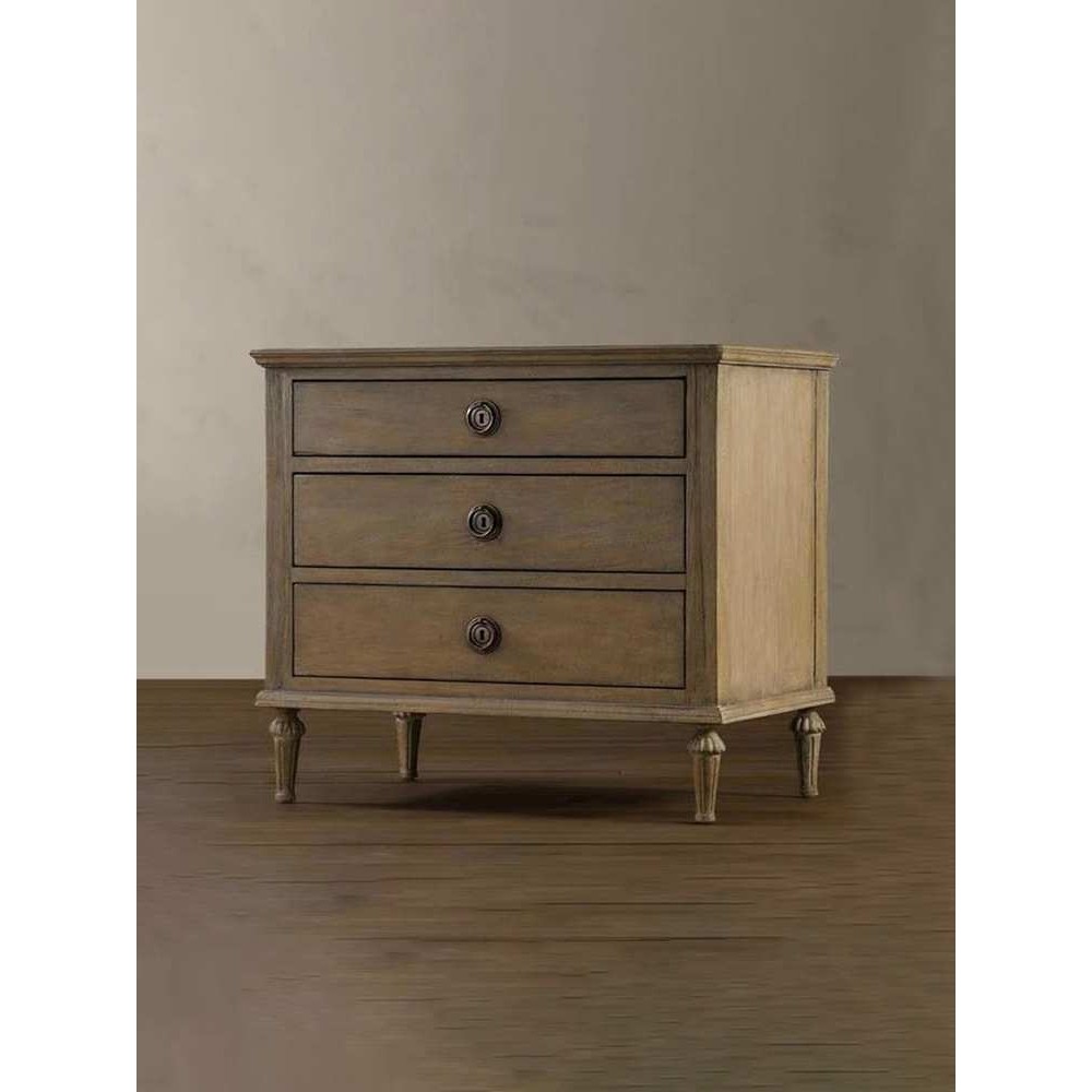 RH美式橡木床头柜灰色实木复古木雕刻卧室三抽屉式床边柜工厂直供