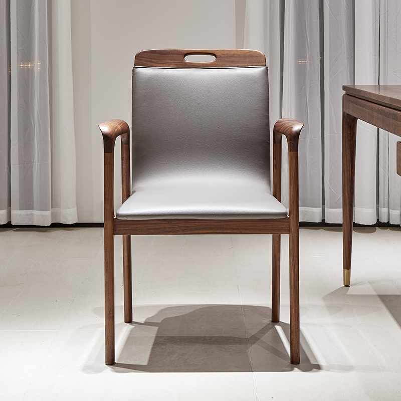 意式实木餐椅家用餐厅圈椅轻奢扶手椅黑胡桃木书椅茶桌皮椅书桌椅