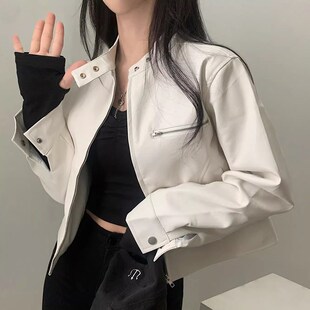 韩国chic秋季 PU皮衣外套女 复古小众立领拉链口袋宽松百搭休闲长袖